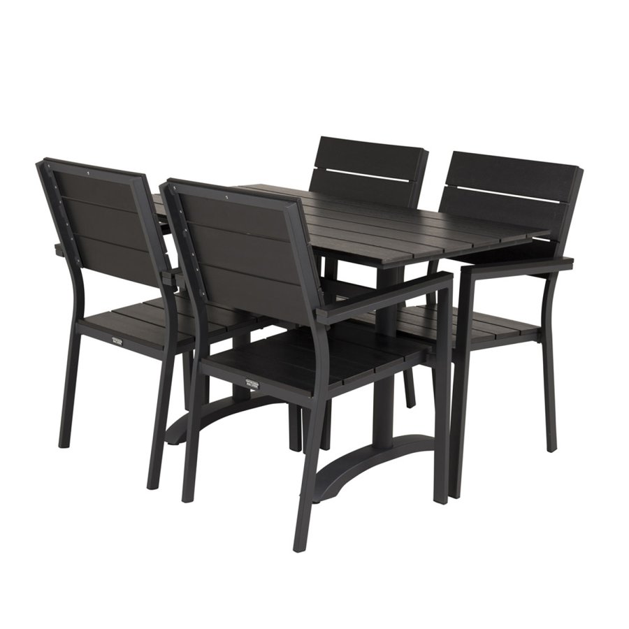 VENTURE DESIGN hagesett m. Denver bord (120x70) og 4 nivstoler med armlener - svart i tre/alu