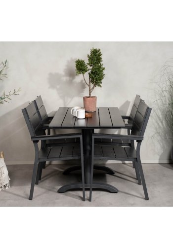 VENTURE DESIGN hagesett m. Denver bord (120x70) og 4 nivstoler med armlener - svart i tre/alu