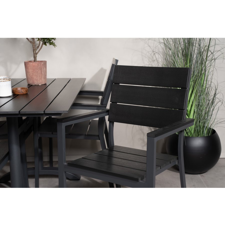 VENTURE DESIGN hagesett m. Denver bord (120x70) og 4 nivstoler med armlener - svart i tre/alu