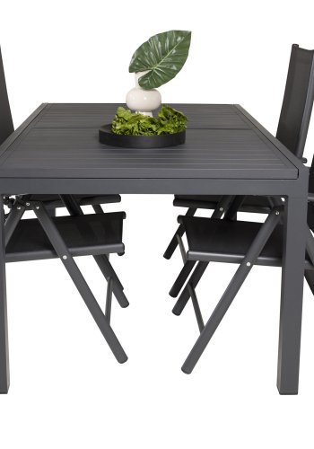 VENTURE DESIGN havest m. Marbella bord m. udtrk og 4 Break recliner stole - sort alu/textilene