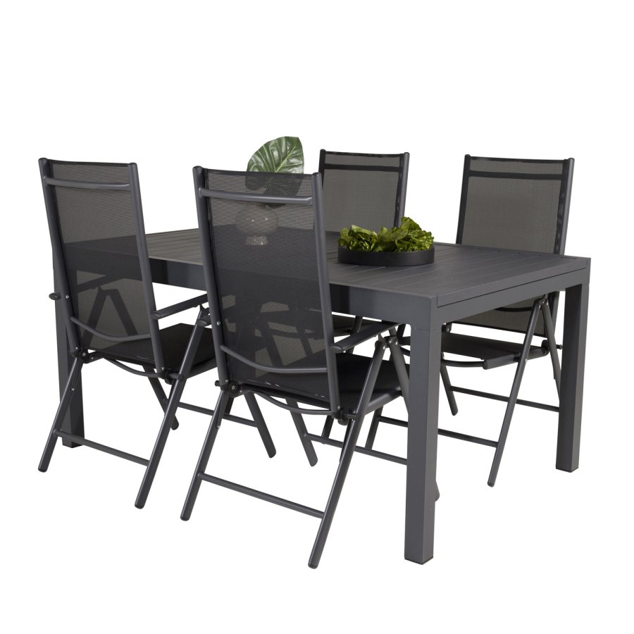 VENTURE DESIGN havest m. Marbella bord m. udtrk og 4 Break recliner stole - sort alu/textilene