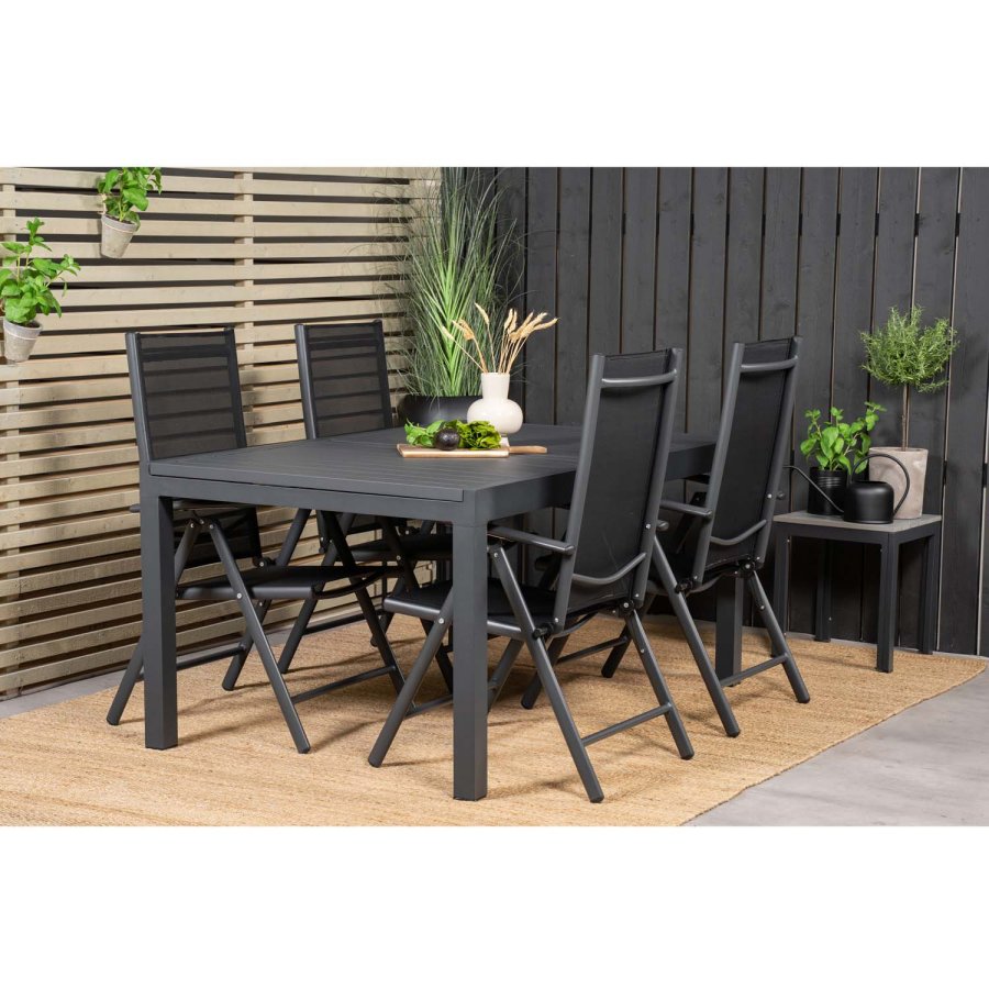 VENTURE DESIGN havest m. Marbella bord m. udtrk og 4 Break recliner stole - sort alu/textilene