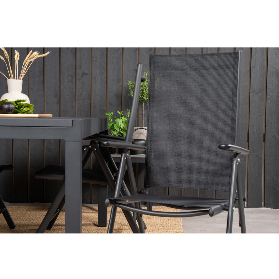 VENTURE DESIGN havest m. Marbella bord m. udtrk og 4 Break recliner stole - sort alu/textilene
