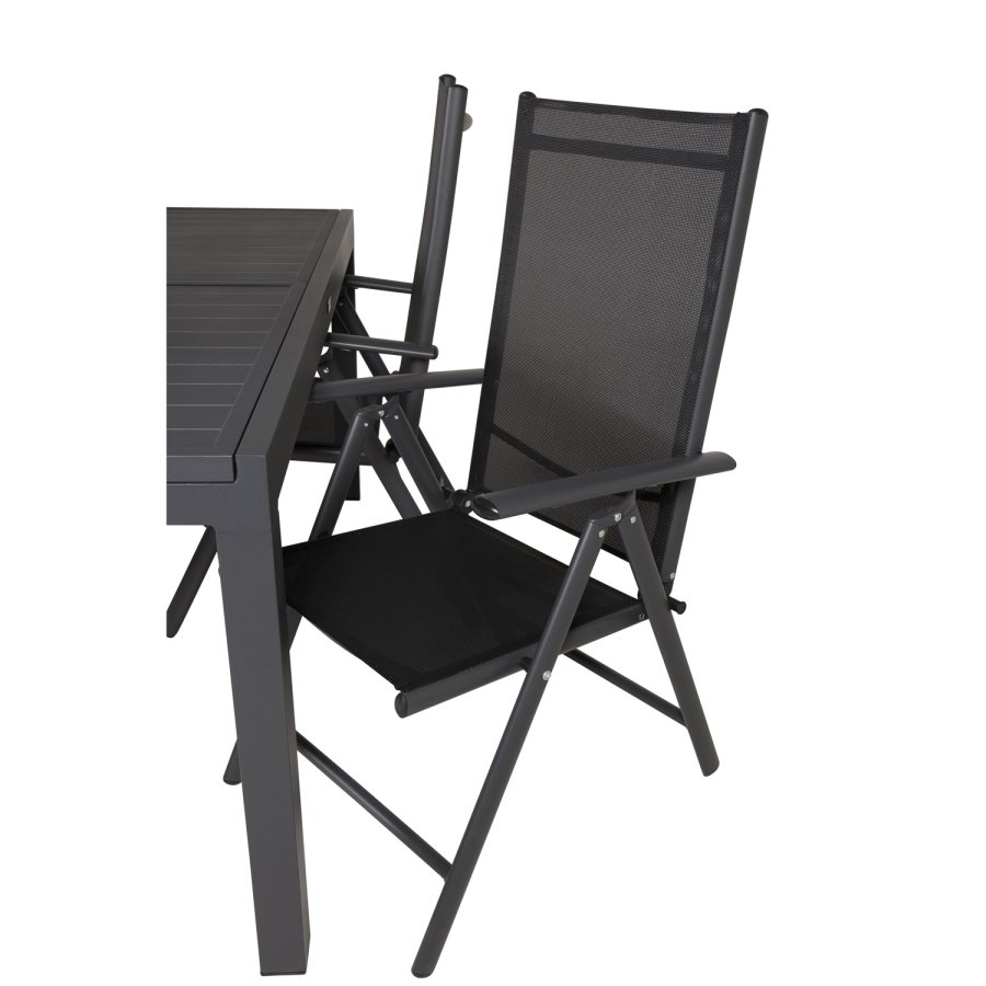 VENTURE DESIGN havest m. Marbella bord m. udtrk og 4 Break recliner stole - sort alu/textilene