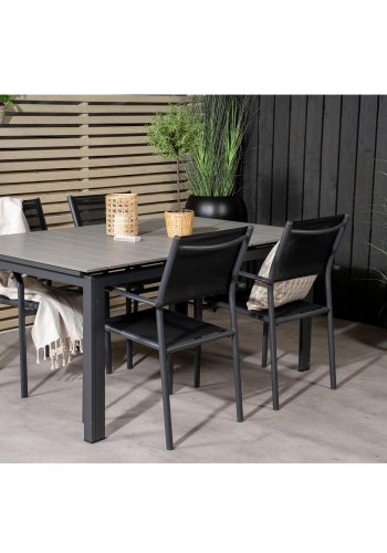 VENTURE DESIGN havest m Levels bord m udtrk og 4 Santorini stole m. armln - gr aintwood/sort alu
