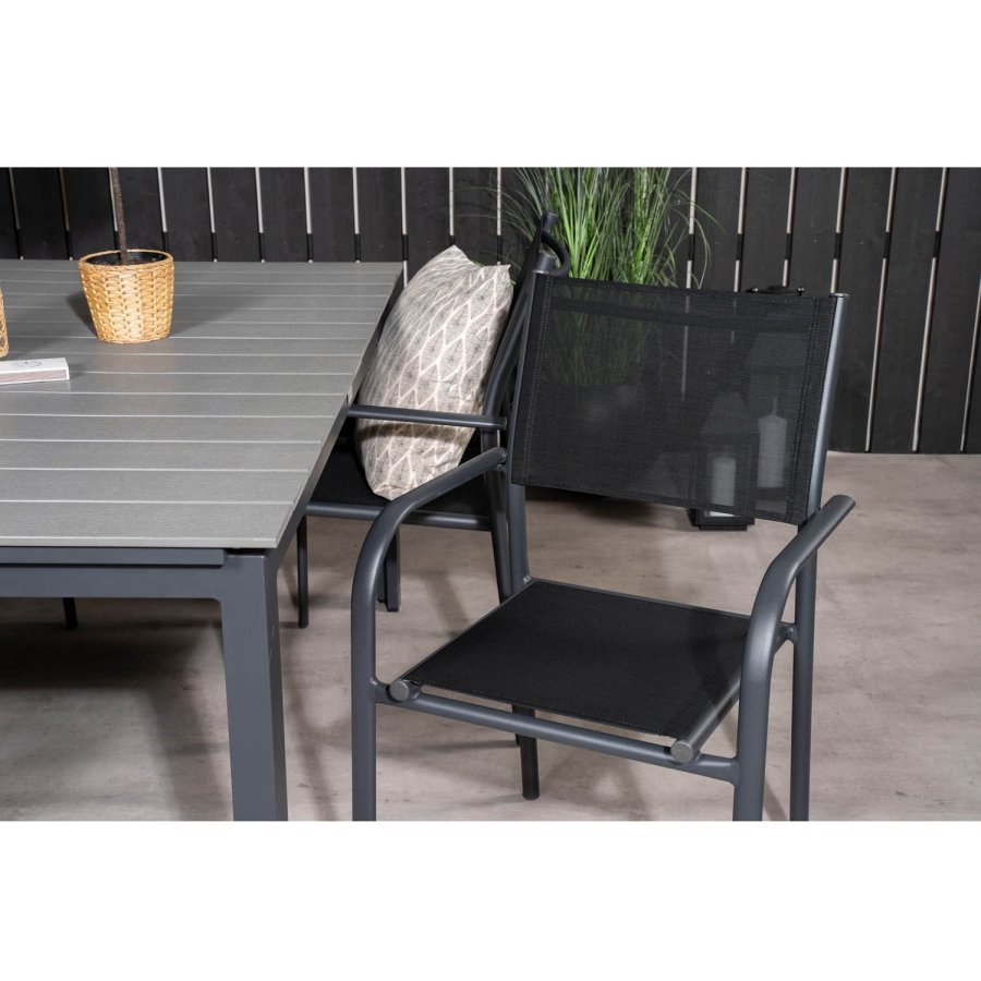 VENTURE DESIGN havest m Levels bord m udtrk og 4 Santorini stole m. armln - gr aintwood/sort alu