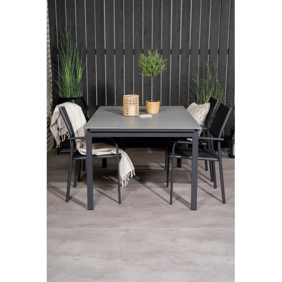 VENTURE DESIGN havest m Levels bord m udtrk og 4 Santorini stole m. armln - gr aintwood/sort alu