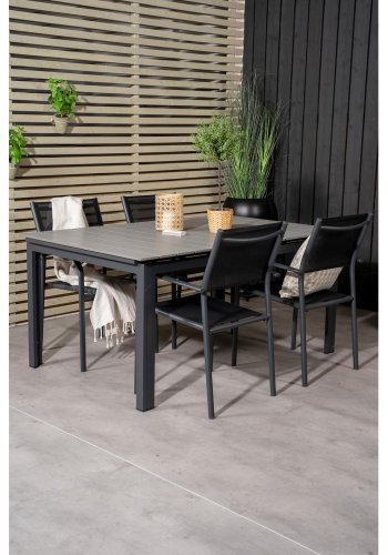 VENTURE DESIGN havest m Levels bord m udtrk og 4 Santorini stole m. armln - gr aintwood/sort alu