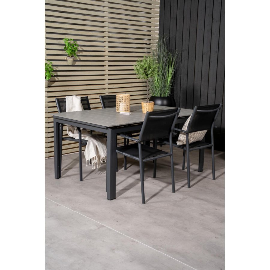 VENTURE DESIGN havest m Levels bord m udtrk og 4 Santorini stole m. armln - gr aintwood/sort alu