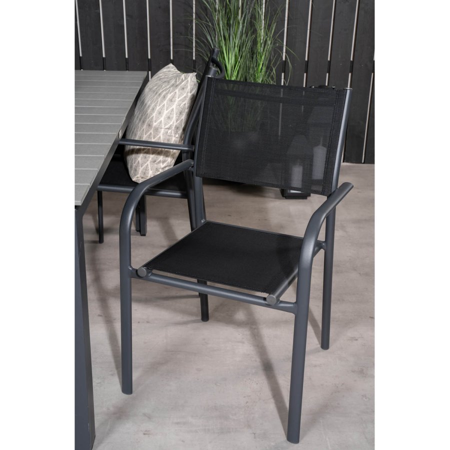 VENTURE DESIGN havest m Levels bord m udtrk og 4 Santorini stole m. armln - gr aintwood/sort alu