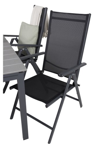 VENTURE DESIGN havest m. Levels bord m. udtrk og 4 Break recliner stole - gr aintwood/sort textil