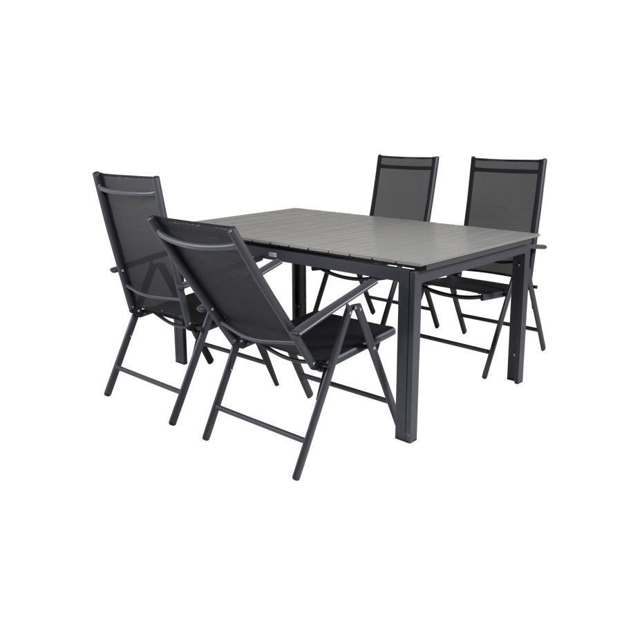 VENTURE DESIGN havest m. Levels bord m. udtrk og 4 Break recliner stole - gr aintwood/sort textil