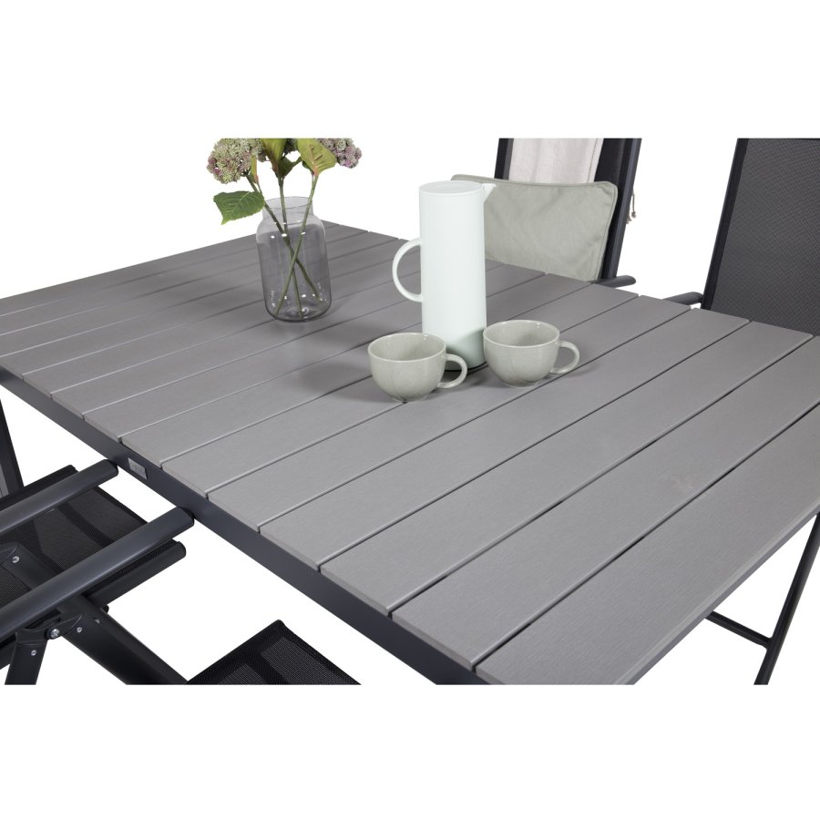 VENTURE DESIGN havest m. Levels bord m. udtrk og 4 Break recliner stole - gr aintwood/sort textil