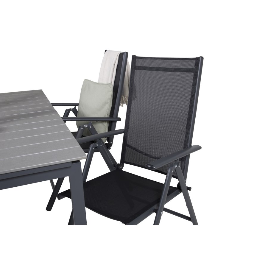 VENTURE DESIGN havest m. Levels bord m. udtrk og 4 Break recliner stole - gr aintwood/sort textil