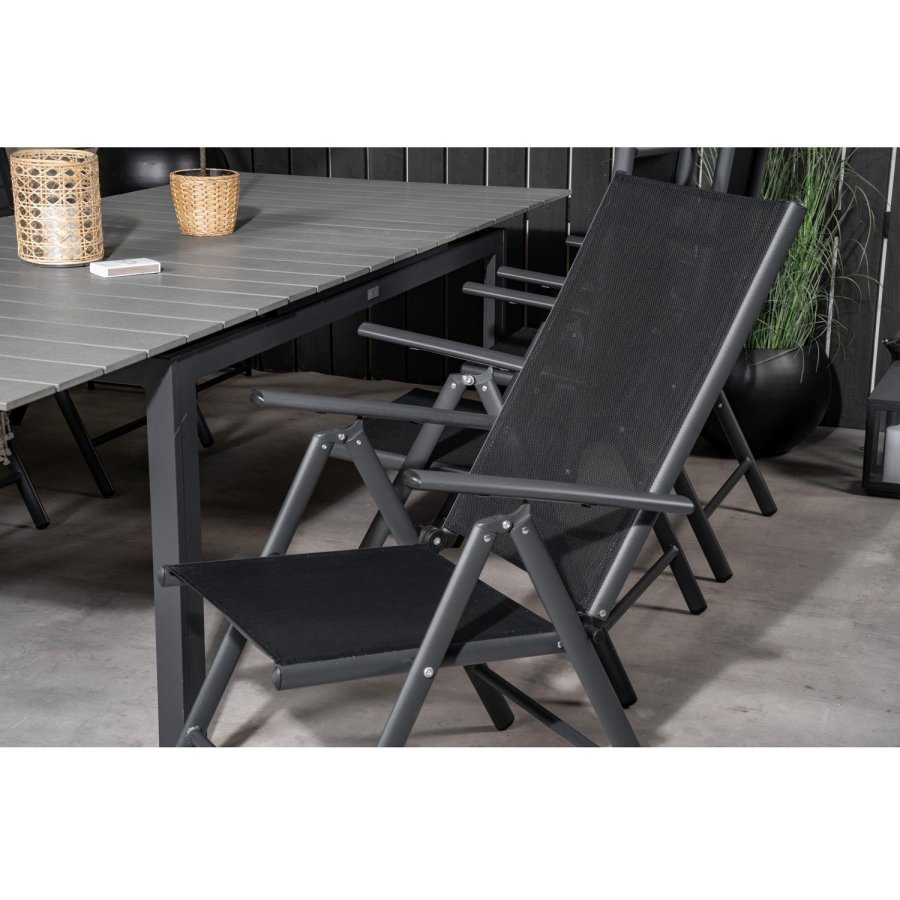 VENTURE DESIGN havest m. Levels bord m. udtrk og 4 Break recliner stole - gr aintwood/sort textil