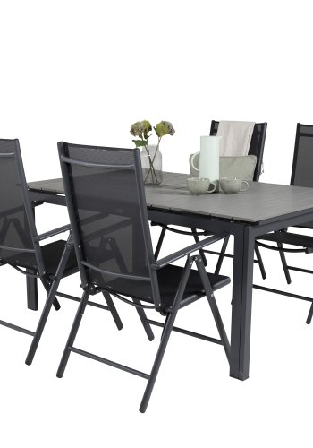 VENTURE DESIGN havest m. Levels bord m. udtrk og 4 Break recliner stole - gr aintwood/sort textil