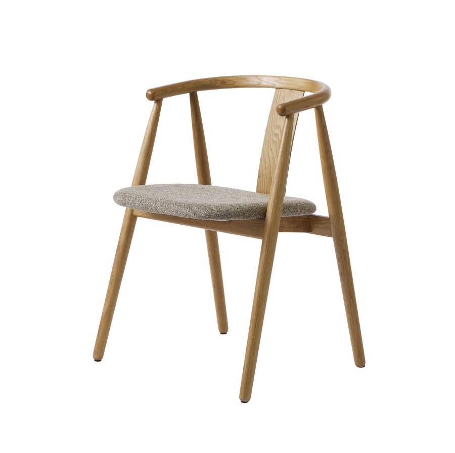 Relate spisebord stol, m. armlen - latte melange stoff og naturlig eik