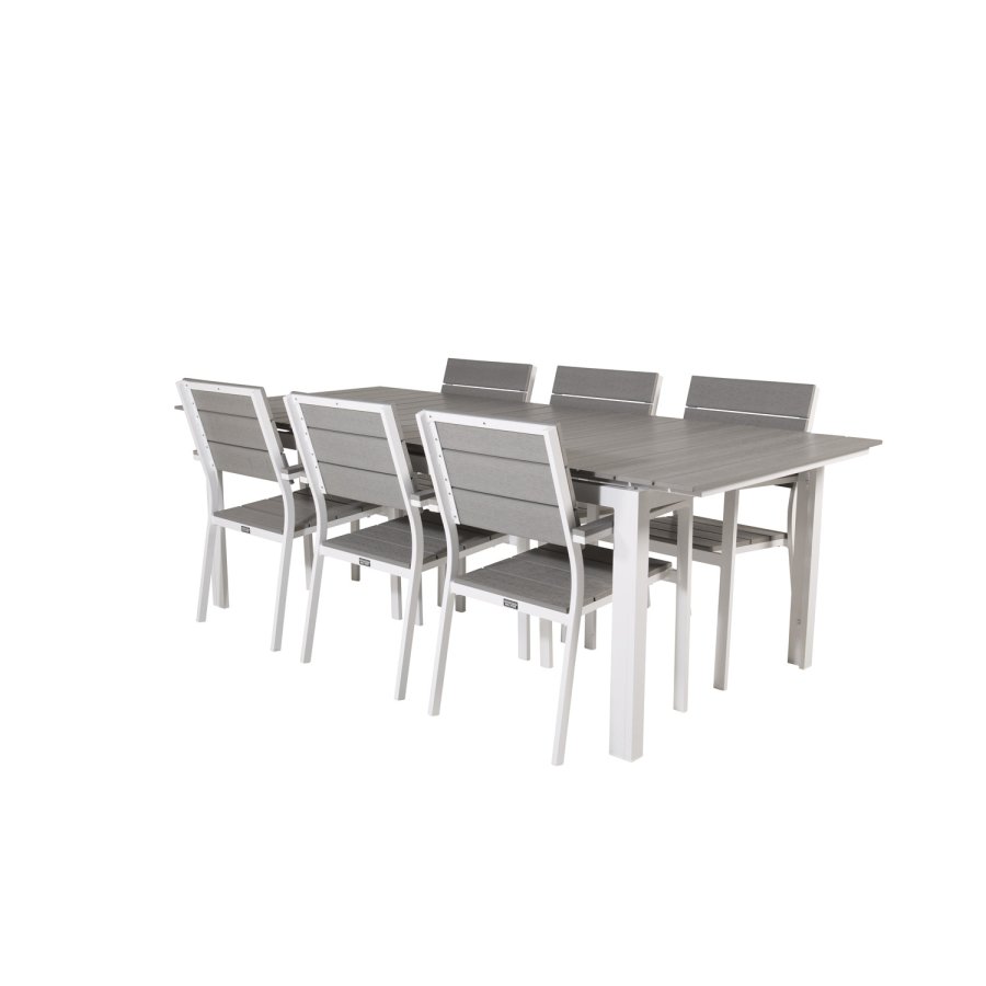 VENTURE DESIGN havest, m. Levels bord, m. udtrk og 6 Levels stole, m. armln - aintwood/alu 