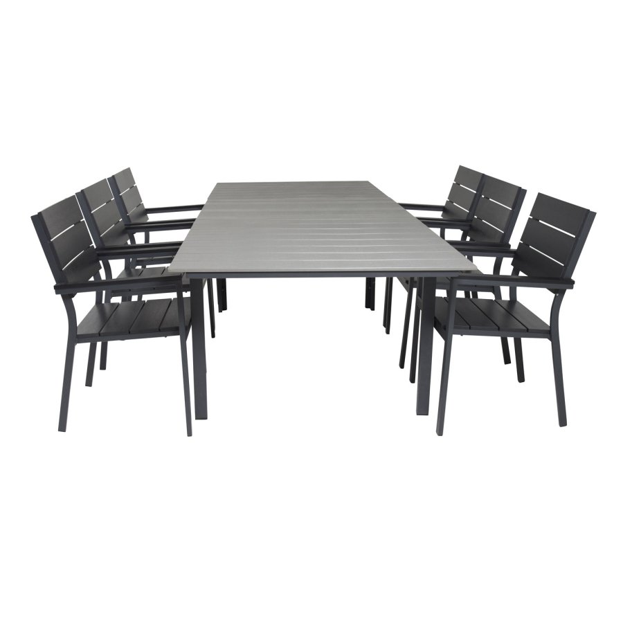 VENTURE DESIGN havest, m. Levels bord, m. udtrk og 6 Levels stole, m. armln - aintwood/alu 