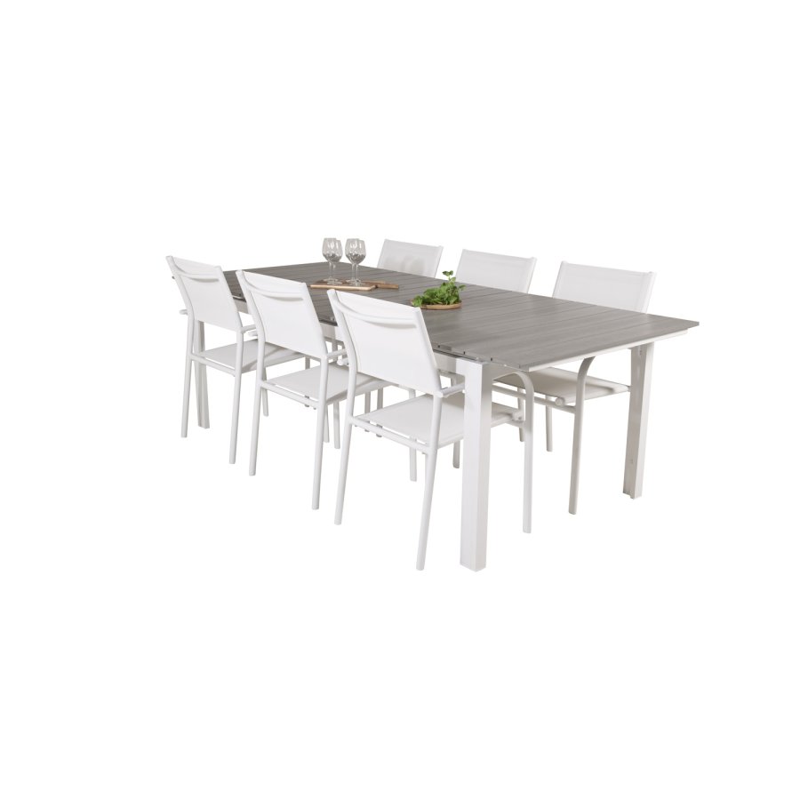 VENTURE DESIGN havest, m. Levels bord, m. udtrk og 6 Santorini stole, m. armln - aintwood/alu 