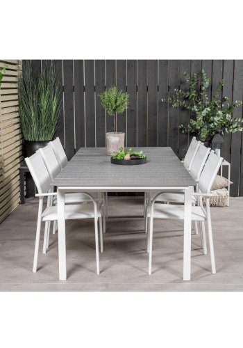 VENTURE DESIGN havest, m. Levels bord, m. udtrk og 6 Santorini stole, m. armln - aintwood/alu 