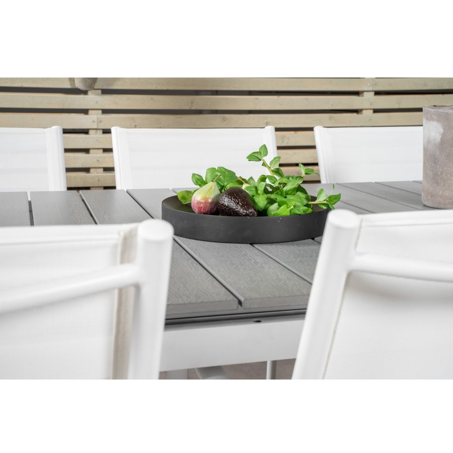 VENTURE DESIGN havest, m. Levels bord, m. udtrk og 6 Santorini stole, m. armln - aintwood/alu 