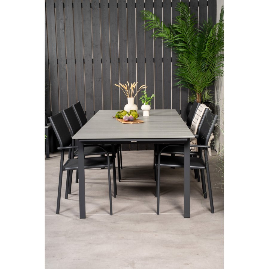 VENTURE DESIGN havest, m. Levels bord, m. udtrk og 6 Santorini stole, m. armln - aintwood/alu