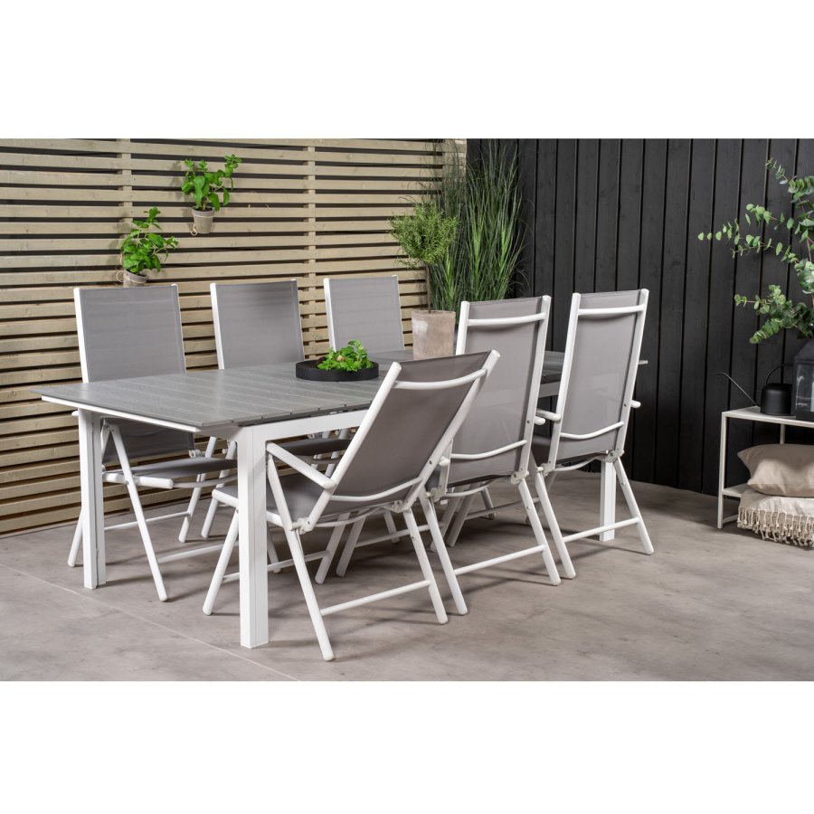 VENTURE DESIGN havest, m. Levels bord, m. udtrk og 6 Break 5:pos. stole - aintwood/alu/textilene