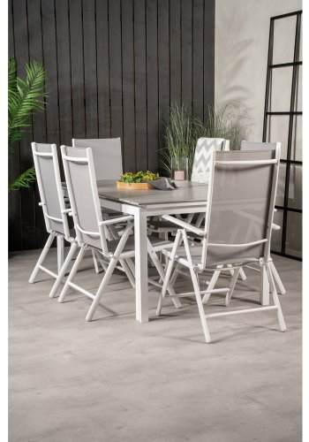 VENTURE DESIGN havest, m. Levels bord, m. udtrk og 6 Break 5:pos. stole - aintwood/alu/textilene