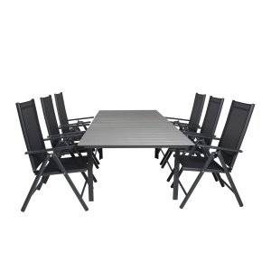 VENTURE DESIGN havest, m. Levels bord, m. udtrk og 6 Break 5:pos. stole - aintwood/alu/textilene