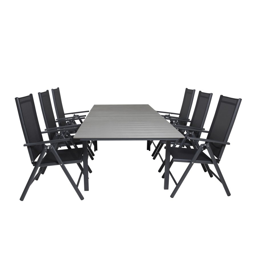 VENTURE DESIGN havest, m. Levels bord, m. udtrk og 6 Break 5:pos. stole - aintwood/alu/textilene