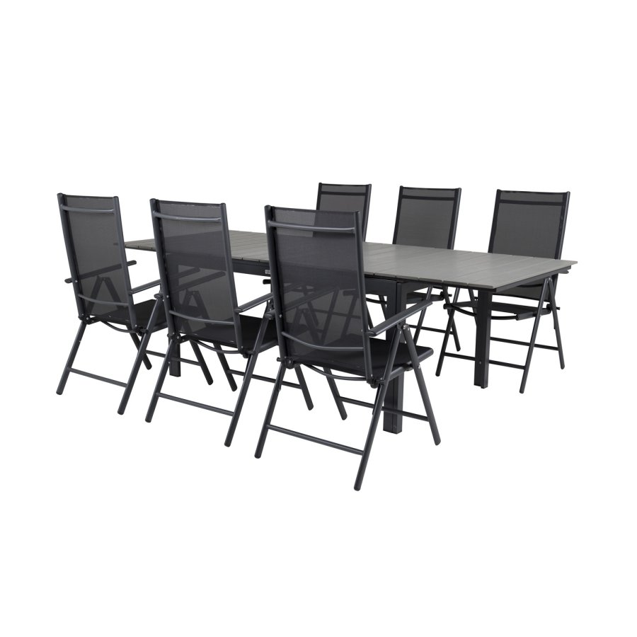 VENTURE DESIGN havest, m. Levels bord, m. udtrk og 6 Break 5:pos. stole - aintwood/alu/textilene