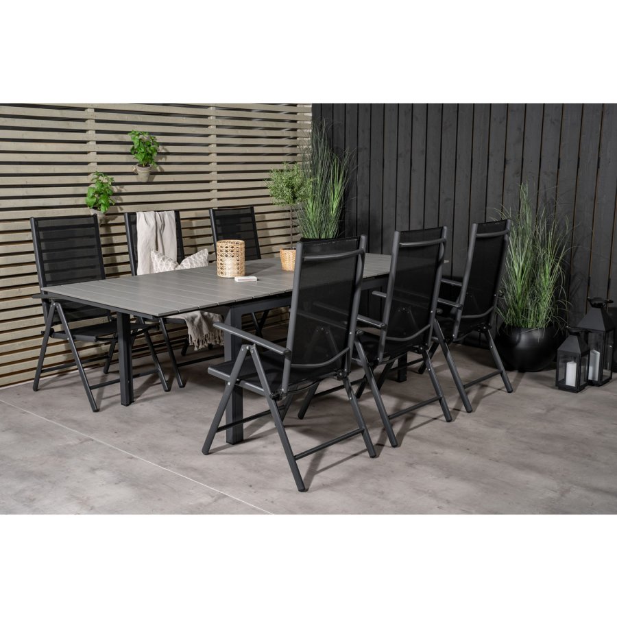 VENTURE DESIGN havest, m. Levels bord, m. udtrk og 6 Break 5:pos. stole - aintwood/alu/textilene