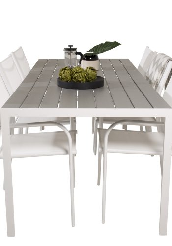 VENTURE DESIGN Gartenset, mit Break Tisch (205x90) und 6 Santorini Stühlen, mit Armlehnen - Eichenholz/Alu