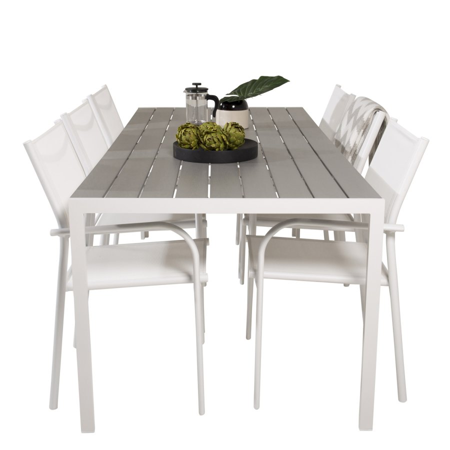 VENTURE DESIGN Gartenset, mit Break Tisch (205x90) und 6 Santorini Stühlen, mit Armlehnen - Eichenholz/Alu