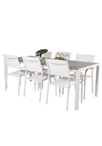 VENTURE DESIGN Gartenset, mit Break Tisch (205x90) und 6 Santorini Stühlen, mit Armlehnen - Eichenholz/Alu