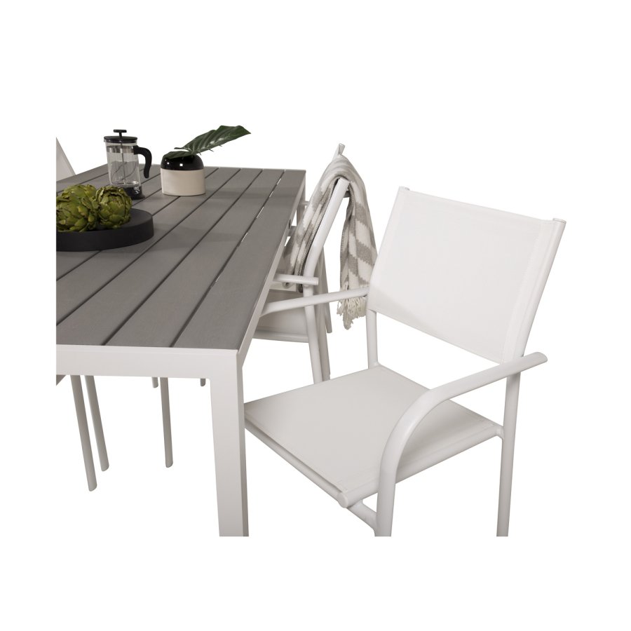 VENTURE DESIGN Gartenset, mit Break Tisch (205x90) und 6 Santorini Stühlen, mit Armlehnen - Eichenholz/Alu