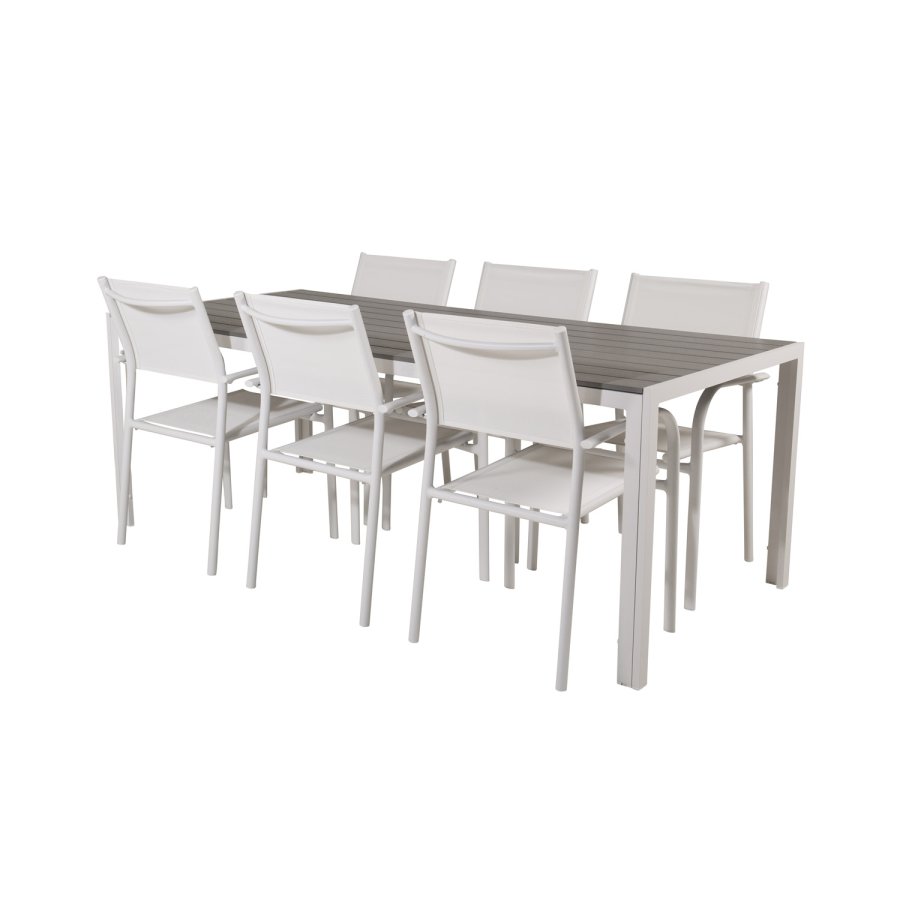 VENTURE DESIGN Gartenset, mit Break Tisch (205x90) und 6 Santorini Stühlen, mit Armlehnen - Eichenholz/Alu