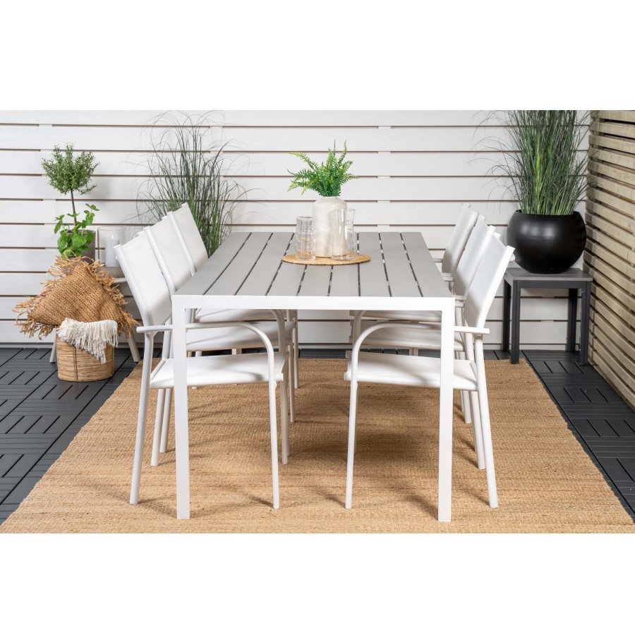 VENTURE DESIGN Gartenset, mit Break Tisch (205x90) und 6 Santorini Stühlen, mit Armlehnen - Eichenholz/Alu