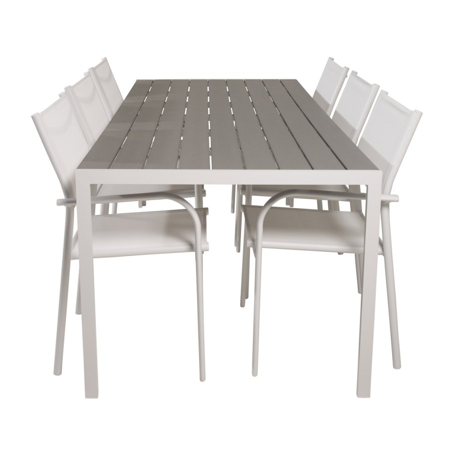 VENTURE DESIGN Gartenset, mit Break Tisch (205x90) und 6 Santorini Stühlen, mit Armlehnen - Eichenholz/Alu