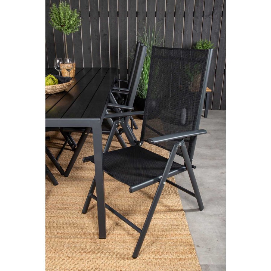 VENTURE DESIGN hagesett, m. Pausebord (205x90) og 6 Pause 5:pos. stoler - aintwood/alu/tekstilene