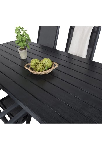 VENTURE DESIGN hagesett, m. Pausebord (205x90) og 6 Pause 5:pos. stoler - aintwood/alu/tekstilene