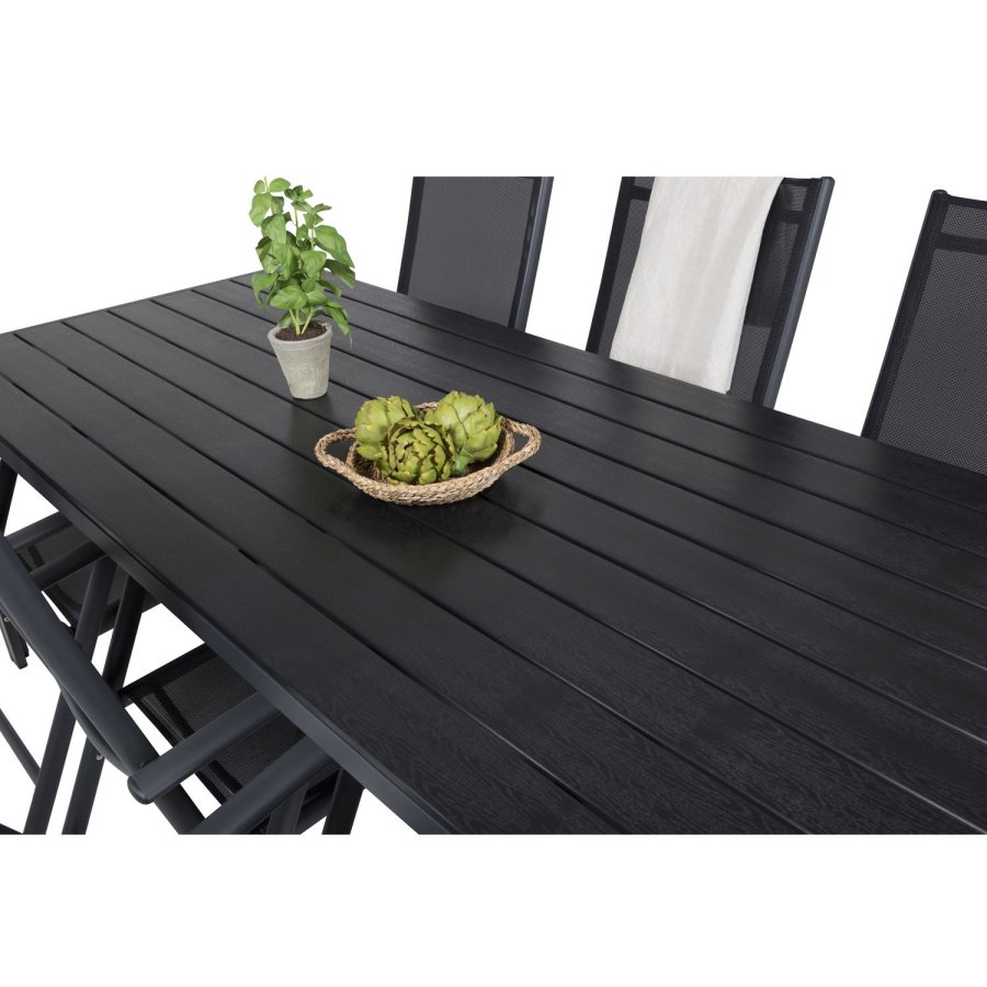 VENTURE DESIGN hagesett, m. Pausebord (205x90) og 6 Pause 5:pos. stoler - aintwood/alu/tekstilene