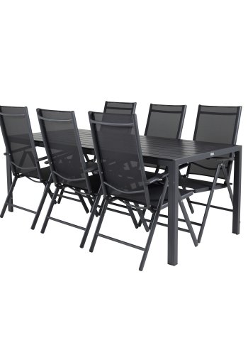 VENTURE DESIGN hagesett, m. Pausebord (205x90) og 6 Pause 5:pos. stoler - aintwood/alu/tekstilene