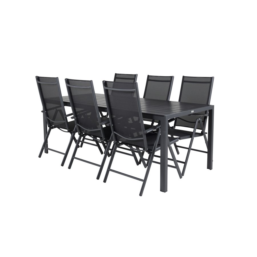 VENTURE DESIGN hagesett, m. Pausebord (205x90) og 6 Pause 5:pos. stoler - aintwood/alu/tekstilene