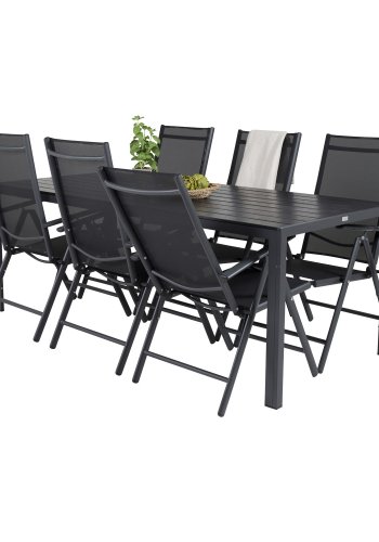 VENTURE DESIGN hagesett, m. Pausebord (205x90) og 6 Pause 5:pos. stoler - aintwood/alu/tekstilene