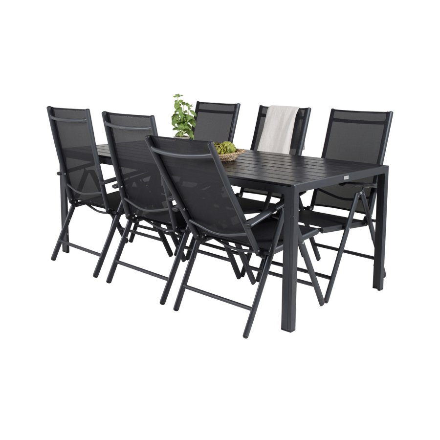 VENTURE DESIGN hagesett, m. Pausebord (205x90) og 6 Pause 5:pos. stoler - aintwood/alu/tekstilene