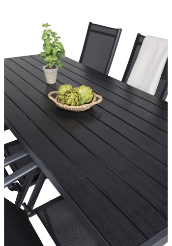 VENTURE DESIGN hagesett, m. Pausebord (205x90) og 6 Pause 5:pos. stoler - aintwood/alu/tekstilene