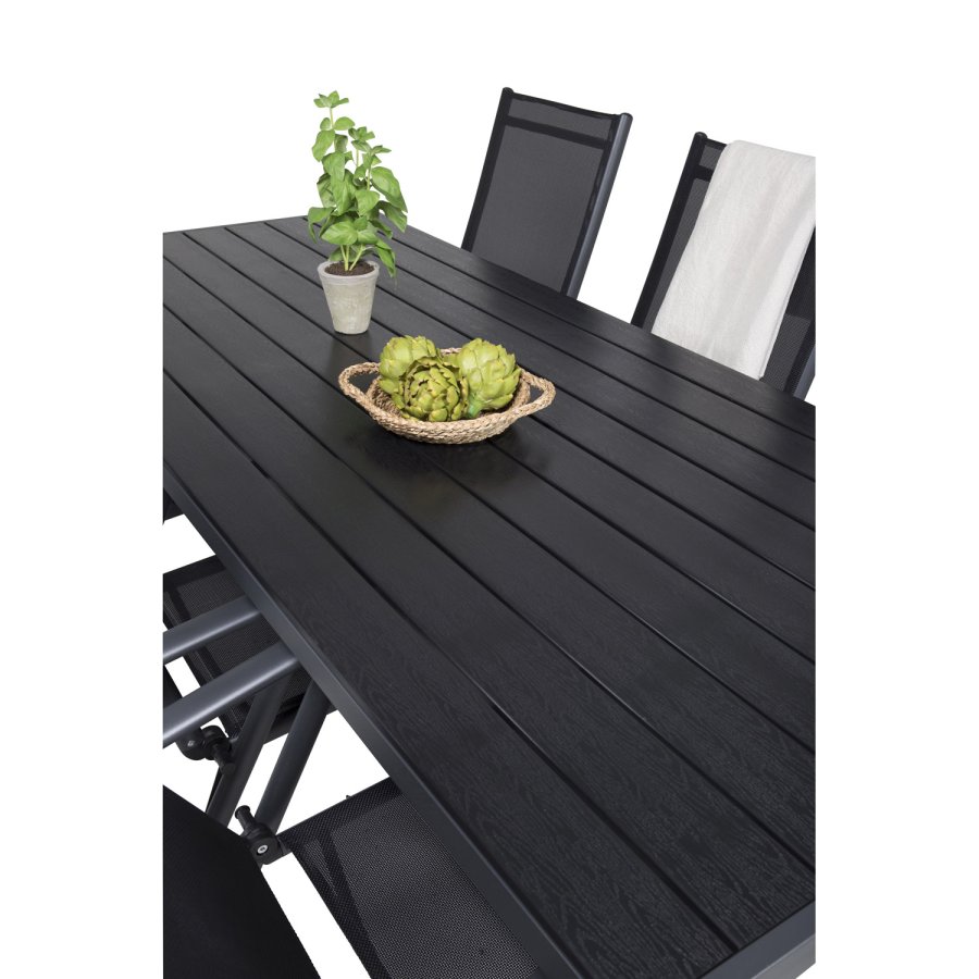 VENTURE DESIGN hagesett, m. Pausebord (205x90) og 6 Pause 5:pos. stoler - aintwood/alu/tekstilene