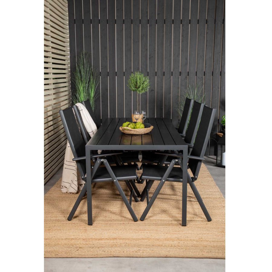 VENTURE DESIGN hagesett, m. Pausebord (205x90) og 6 Pause 5:pos. stoler - aintwood/alu/tekstilene